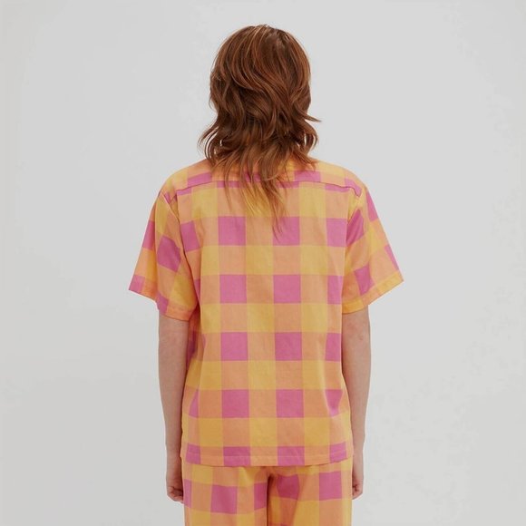 NEW Sz M Medium Les Girls Les Boys Giant Gingham Orange Pink Print Pajama Shirt - Picture 2 of 8